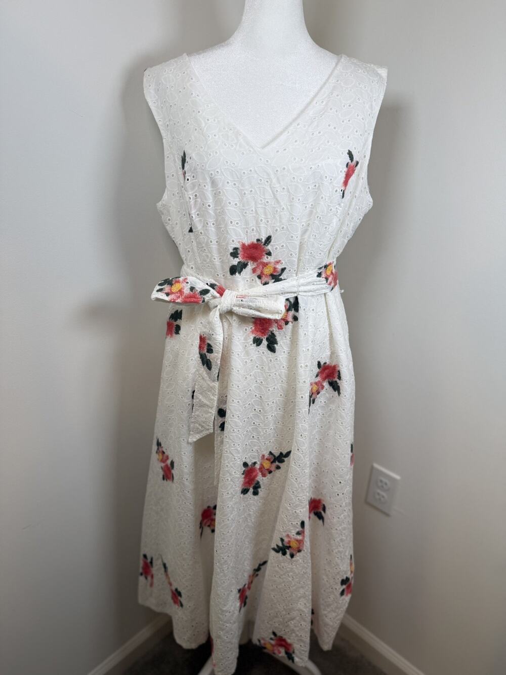 CALVIN KLEIN Women’s 14 White Eyelet Embroidered Floral Dress Cottagecore Boho